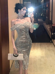 Aiertu DRESS TO IMPRESS Evening Dresses Women Temperament Shiny Off Shoulder Slim Wrapped Split Midi Dress French Gentle Fashion Party Vestidos aiertu