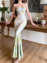 Aiertu Fashion New Women Summer Bodycon Slim Long Dress Sleeveless Casual Floral Vintage Fishtail Vestidos Female Party Clothes Robe Aiertu