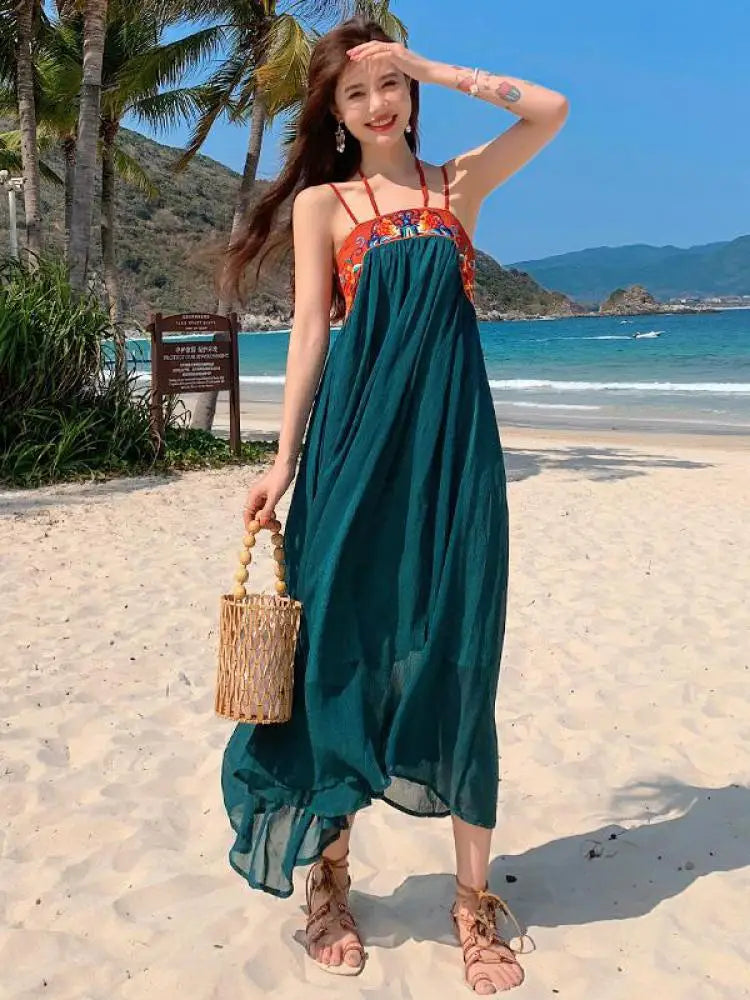 Aiertu High Waist A Line Summer Sexy Embroidered Chiffon Dress Spaghetti Strap Women Retro Long Dress Beach Party Casual Backless Boho Aiertu