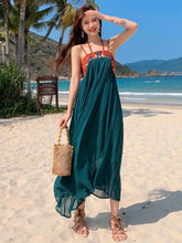 Aiertu High Waist A Line Summer Sexy Embroidered Chiffon Dress Spaghetti Strap Women Retro Long Dress Beach Party Casual Backless Boho Aiertu