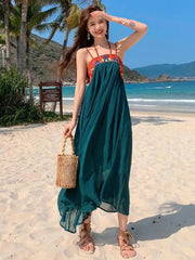 Aiertu High Waist A Line Summer Sexy Embroidered Chiffon Dress Spaghetti Strap Women Retro Long Dress Beach Party Casual Backless Boho Aiertu