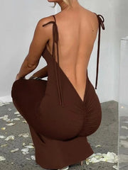Aiertu Elegant Deep Open Back Backless Slim Maxi Dress Women Spaghetti Strap Sleeveless Bodycon Long Dress Sexy Club Party Vestidos Aiertu