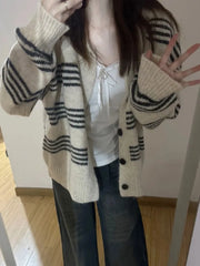Patchwork Contrast Color Striped Knitted Cardigans Women Y2k Aesthetic Single Breasted Coats New Streetwear Casual Loose Sweater Aiertu