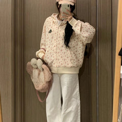 Aiertu Korean Fashion Sweet Hoodie for Women Flowers Print Oversize Zip-up Hooded Sweatshirts College Coquette Aesthetic Tops Aiertu
