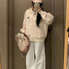 Aiertu Korean Fashion Sweet Hoodie for Women Flowers Print Oversize Zip-up Hooded Sweatshirts College Coquette Aesthetic Tops Aiertu