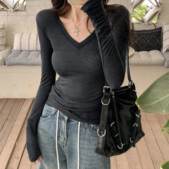Aiertu V-neck Thin Style 2024 Women's Long Sleeved T-shirt Tops Bottoming Autumn Casual Shirts Self Cultivation New Korean Aiertu
