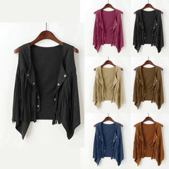 Women Faux Suede Ethnic Sleeveless For Jacket Rivet Fringe Tassels Hippie Open Front Cardigan Vintage Cowgirl Waistcoat Vest Aiertu
