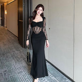 Aiertu Women's Elegant Long Dress 2024 Spring Fashion Temperament Sexy Splicing Design Lace Fishbone Splicing Dresses Aiertu