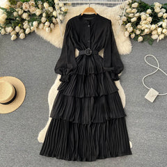 Aiertu Spring French Style Chiffon Long Dress 2023 Long Sleeve Single Breasted Fashion Belt Women A-Line Elegant Party Dress Aiertu