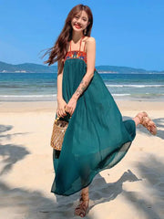 Aiertu High Waist A Line Summer Sexy Embroidered Chiffon Dress Spaghetti Strap Women Retro Long Dress Beach Party Casual Backless Boho Aiertu