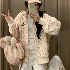 Aiertu Korean Fashion Sweet Hoodie for Women Flowers Print Oversize Zip-up Hooded Sweatshirts College Coquette Aesthetic Tops Aiertu