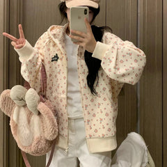 Aiertu Korean Fashion Sweet Hoodie for Women Flowers Print Oversize Zip-up Hooded Sweatshirts College Coquette Aesthetic Tops Aiertu