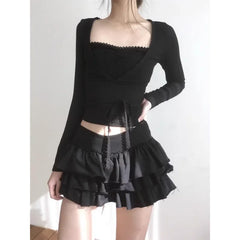 Aiertu Harajuku Y2k Lolita Mini Cake Skirt Soft Girl low Waist Ruffle Fluffy Fairy Skirts Summer Kawaii Cute Elegant Short Skirt Black Aiertu