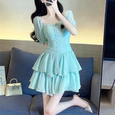 Pleated Skirt New Korean Solid Color V-neck Puff Sleeve Mini Dress Women Clothing Lolita Sweet Pleated Slim Sexy Dress Aiertu