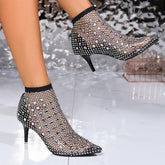 Women Hollow Out Full Sandals Rhinestone Mesh Summer Ankle Boots Pointed Toe Fashion Sexy Socks Cool Shoes Cowboy Spring Autumn Aiertu