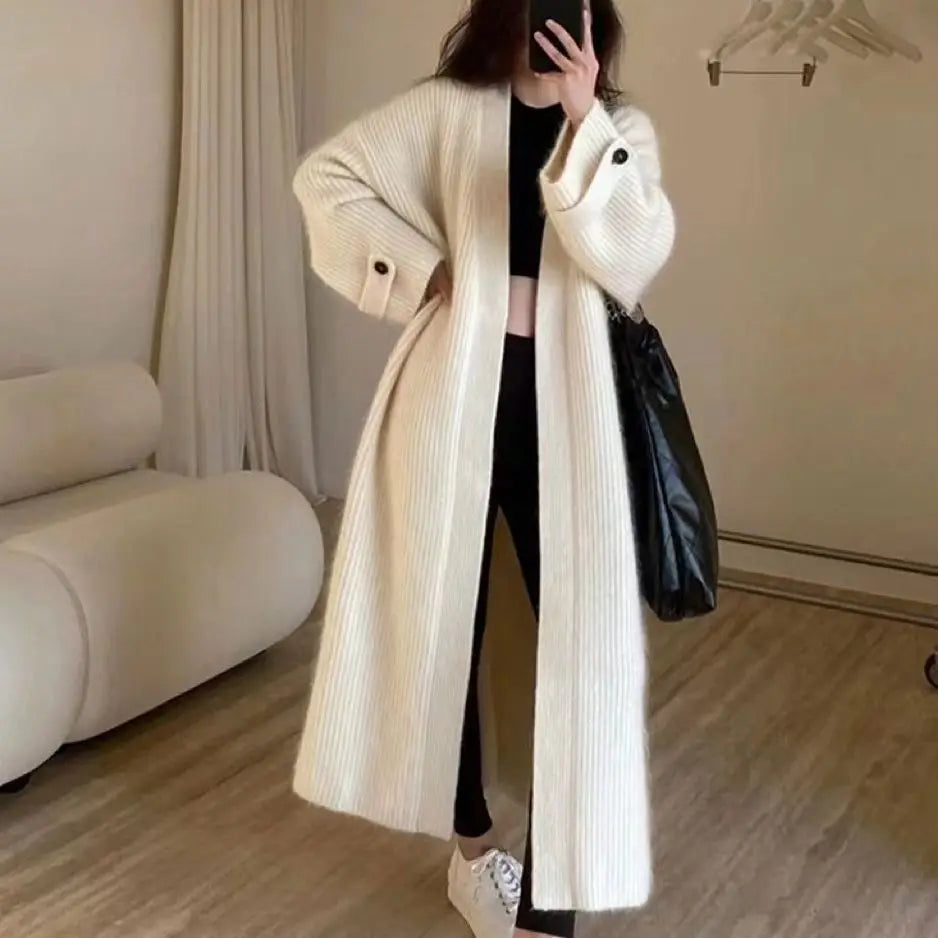 Autumn Winter Women Button Long Sleeve Knitted Long Cardigan Coats Lady Baggy Knitwear Sweater Aiertu