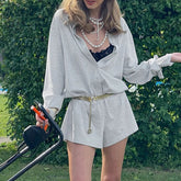 AIERTU - Casual Single-breasted Polo collar Loose Simple Long Sleeved Short Jumpsuits Street Gray Versatile Autumn Romper Clubwear Aiertu
