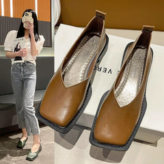 Aiertu 2024 Flat Shoes Women Square Toe Single Shoes Simple Temperament Leather Shoes Spring Autumn 4 Colors Aiertu