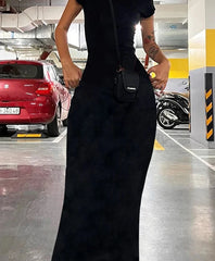 Aiertu Solid Sexy Backless Maxi Dress Women Elegant Elastic Slim Short Sleeve Long dresses Female Bodycon Streetwear Clothing Aiertu