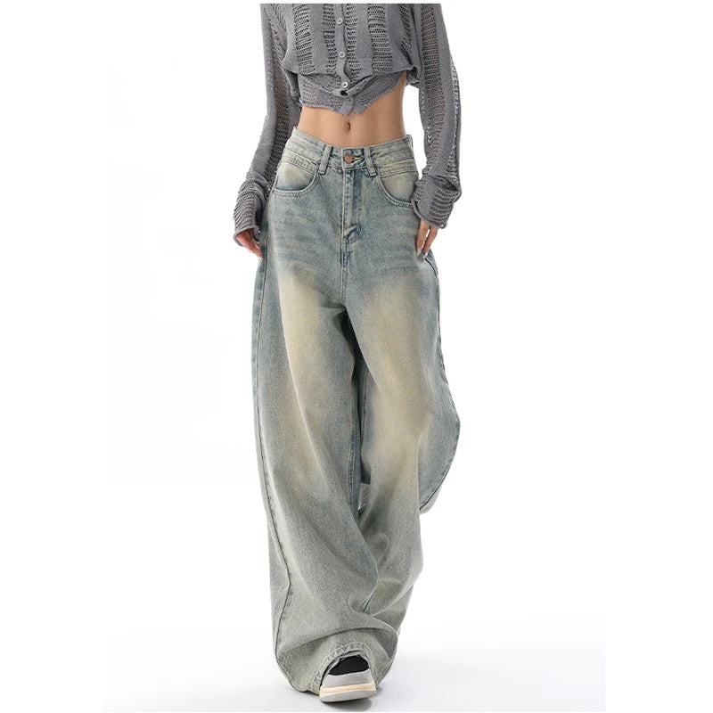 Aiertu American Vintage Y2K Wide Leg High Waist Straight Jeans Pants Women's Casual Baggy Grunge Streetwear Style Denim Trouser Aiertu