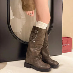 Aiertu Winter New Women's Boots High Quality Fashionable Round Toe Solid Color Buckle Mid-heeled Sleeve Women's High Boots Aiertu