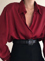 Aiertu Women Button Blouses Turn Down Collar Shirts Office Lady Long Sleeve Casual Blouse Loose OL Shirt Baggy Tops Red/Wine Red /Black Aiertu