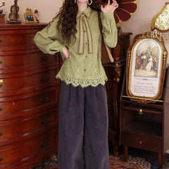 AIERTU - Vintage Hong Kong Style Women Knit Shirt Autumn Winter Bow Tie Lace Hem Loose Casual Long Sleeve Inner Blouse Aiertu