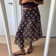 AIERTU - Style Fashionable Polka Dot Irregular Mesh Skirt New Temperament Light and Mature Style Mid-length Skirt Aiertu