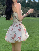 Aiertu Sweet Floral Sexy Strap Dress Women Folds Designer Casual Mini Fairy Dress Female 2024 Summer Puff Sleeve Korean Princess Dress Aiertu