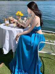 Aiertu Summer New Women's Blue Sexy Club Hanging Neck Hollowed Backless Pleated Long Dress Birthday Evening Party Bandage Sundress Aiertu