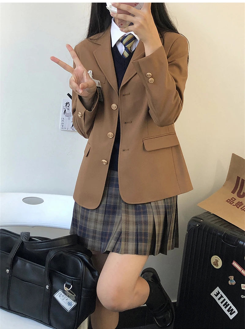 2024 Women Long Sleeve Loose JK Brown Suit Jacket Uniform Blazer Three Buttons Spring Autumn Girls College Preppy Style Coat Aiertu