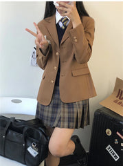 2024 Women Long Sleeve Loose JK Brown Suit Jacket Uniform Blazer Three Buttons Spring Autumn Girls College Preppy Style Coat Aiertu