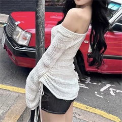 Aiertu White Hollow Trumpet Sleeve Knitted Tops for Women's Autumn New Drawstring Off Shoulder Design Solid Slim Irregular T-shirt aiertu