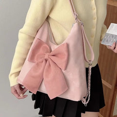 Aiertu Pink Bow Womens Shoulder Bag Korean Style Fashion Large Capacity Sweet Backpack Cute Exquisite Elegant New Female Tote Bag Aiertu