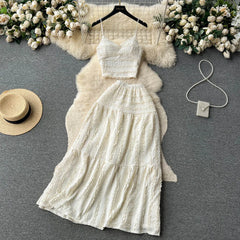 Aiertu Summer Lace Patchwork Beach Two Pieces Sets Women Sexy Camisole+A Line Long Skirt Fashion Elastic Bohemian Suits Aiertu