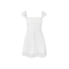 AIERTU - Lace Square Collar U Neck Mini Dress Skirt Straps Suspenders Slim Aline Backless White French Sweet Dress Summer Sleeveless Aiertu