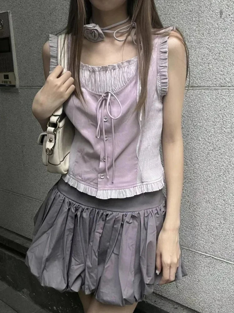 Aiertu Summer Patchwork Contrast Color Tanks Women Harajuku Bandage Sleeveless Tops Fairy Korean Fashion Casual Camisole Y2k Aesthetic Aiertu