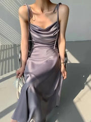 Aiertu Purple Satin Slip Midi Dress Women Vintage Korean Fashion Lace-up Spaghetti Strap Elegant Party Dresses 2024 Summer Aiertu