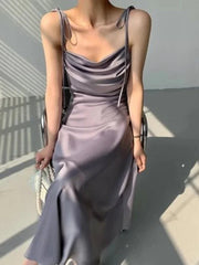 Aiertu Purple Satin Slip Midi Dress Women Vintage Korean Fashion Lace-up Spaghetti Strap Elegant Party Dresses 2024 Summer Aiertu