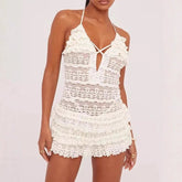 AIERTU - Sexy Lace White Hollow Summer Sweet Spicy Slim Pleated Tierred Halter Straps Sleeveless Beach Set Skirt Suit Mini Dress Female Aiertu