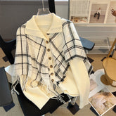 AIERTU - Checkered Tassel Shawl Fake 2Piece Knitted Cardigan Women's Autumn Winter New Lapel Thickened Sweater Trendy Casual Tops Aiertu