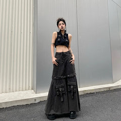 Aiertu 2024 Spring Women Vintage Baggy Streetwear Denim Skirt Grunge 00S High Waist Y2K High Street Basic A-Line Lady Pockets Skirt Aiertu