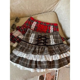 Aiertu Kawaii Ruffle Lace Plaid Skirts Women Sweet Elegant Mini Skirt Cutecore Autumn Winter Patchwork A-line Short Skirts Aiertu