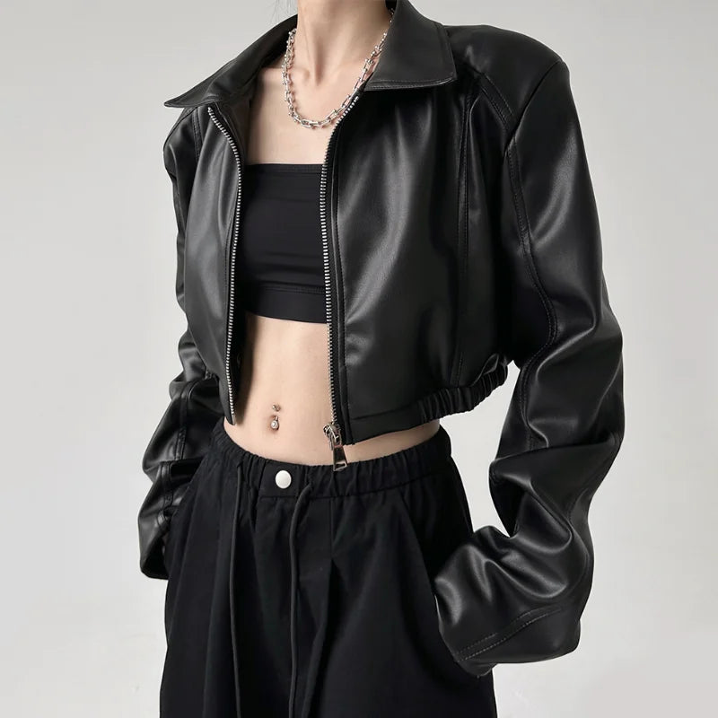 Aiertu Jackets PU Leather Women Black Lapel Long Sleeve Crop Coats American Retro Streetwear Zipper Fashion Casual Female Outerwear Aiertu