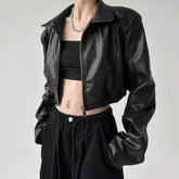 Aiertu Jackets PU Leather Women Black Lapel Long Sleeve Crop Coats American Retro Streetwear Zipper Fashion Casual Female Outerwear Aiertu