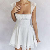 AIERTU - Lace Square Collar U Neck Mini Dress Skirt Straps Suspenders Slim Aline Backless White French Sweet Dress Summer Sleeveless Aiertu