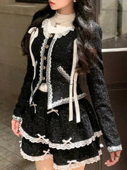 Aiertu Winter French Fashion Elegant 3 Piece Sets Woman White Tops + Chic Bow Coat + Mini Skirt New Design Y2k Style Vintage Suits 2024 aiertu