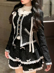 Aiertu Winter French Fashion Elegant 3 Piece Sets Woman White Tops + Chic Bow Coat + Mini Skirt New Design Y2k Style Vintage Suits 2024 aiertu