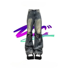 Aiertu 2024 Vintage High Waist Street Style Belted Straight Jeans Gothic Pants Fashion Women's Wide Leg Punk Baggy Y2K Denim Trouser Aiertu