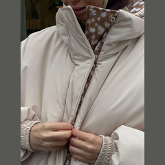 AIERTU - Women Reversible Hooded Puffer Jacket Deer Spot Print Solid Beige Reverse Drawstring Hood Loose Cropped Winter Outerwear Aiertu
